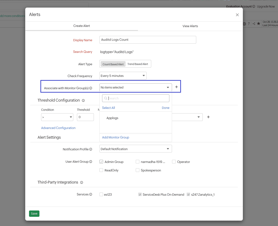 AppLogs alert monitor group permission