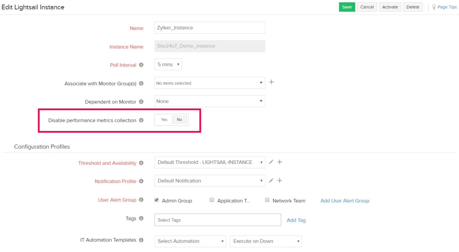 Edit monitor to enable uptime monitoring of AWS resource