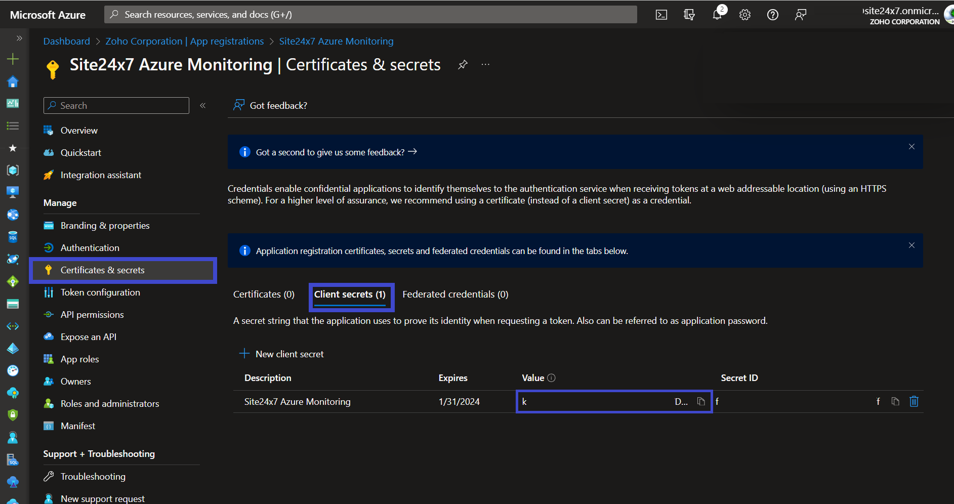 client secret page in Azure portal