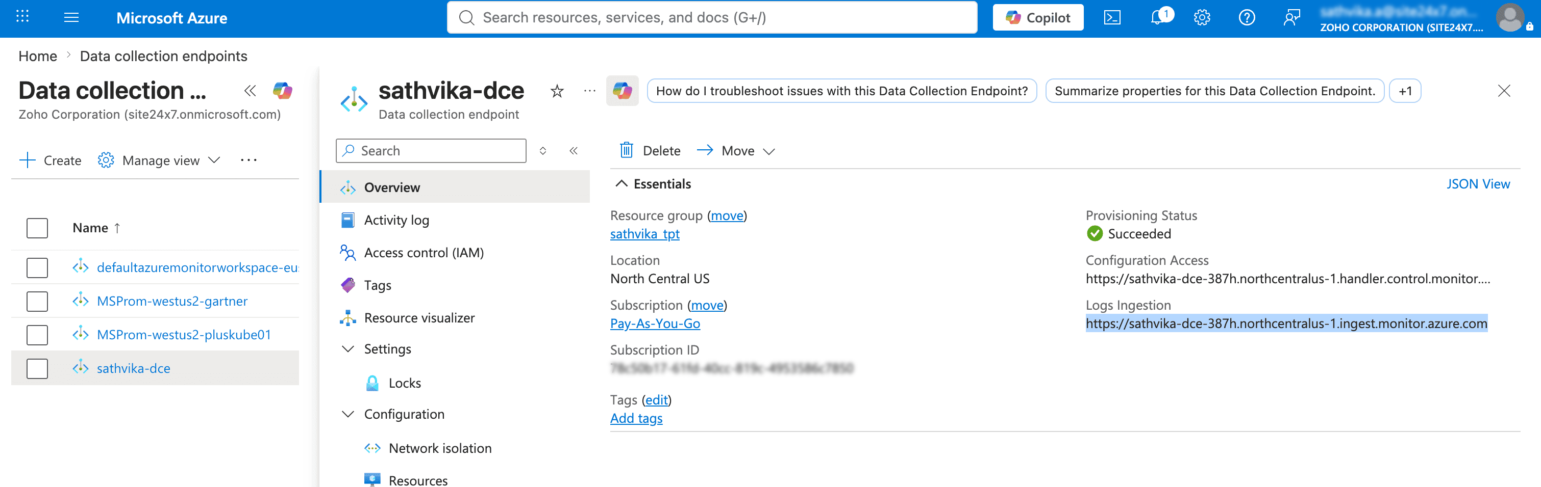 Logs Ingestion URI on the DCE Overview page