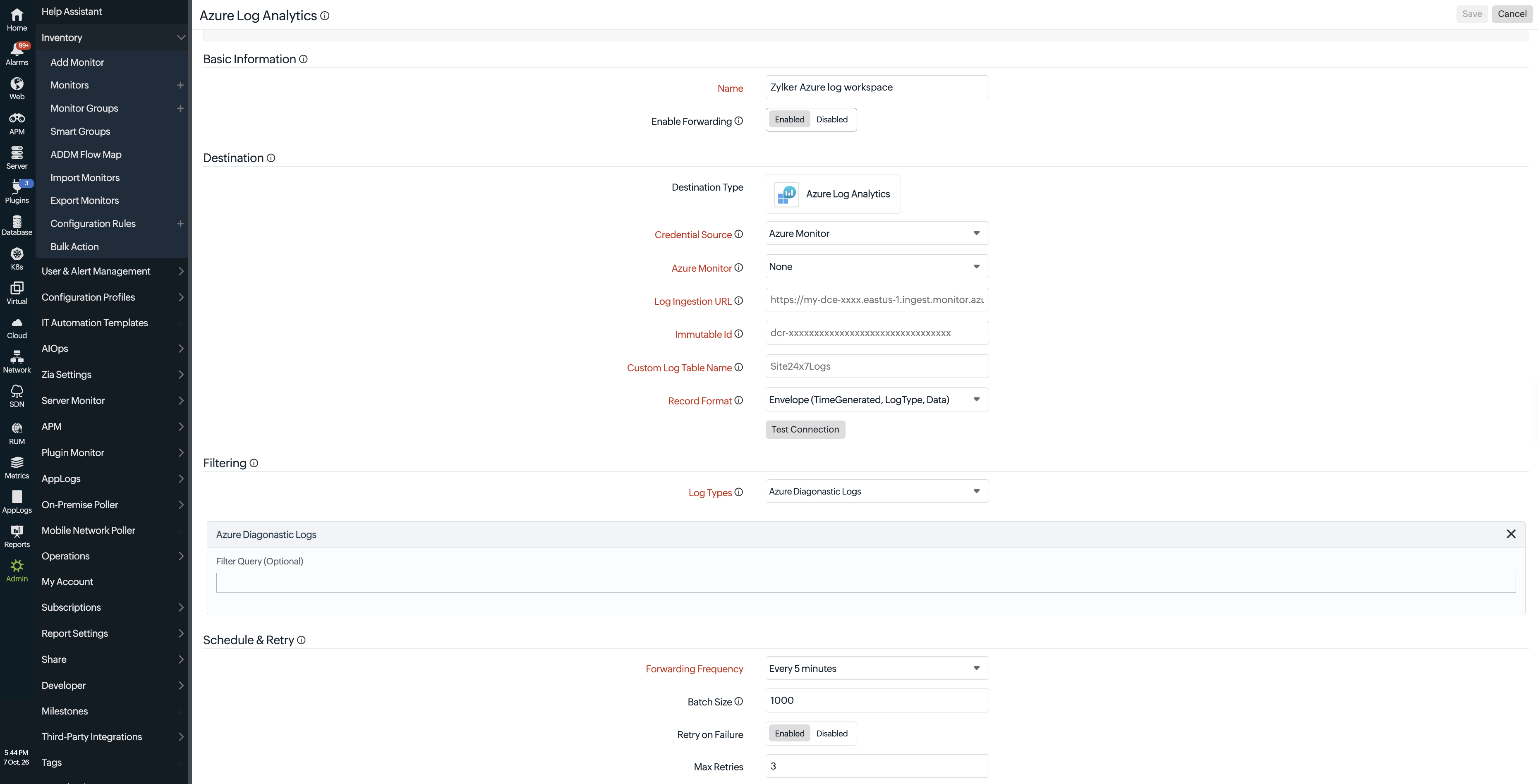 Azure Log Analytics log forwarding configuration