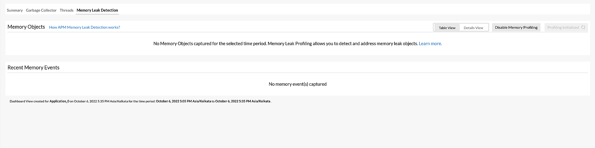 Disabled Memory Profiling