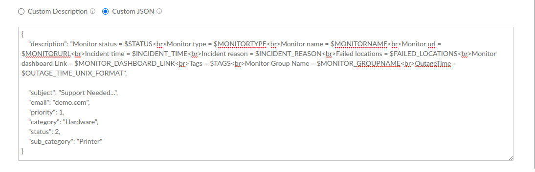 Custom JSON in Site24x7-Freshservice integration