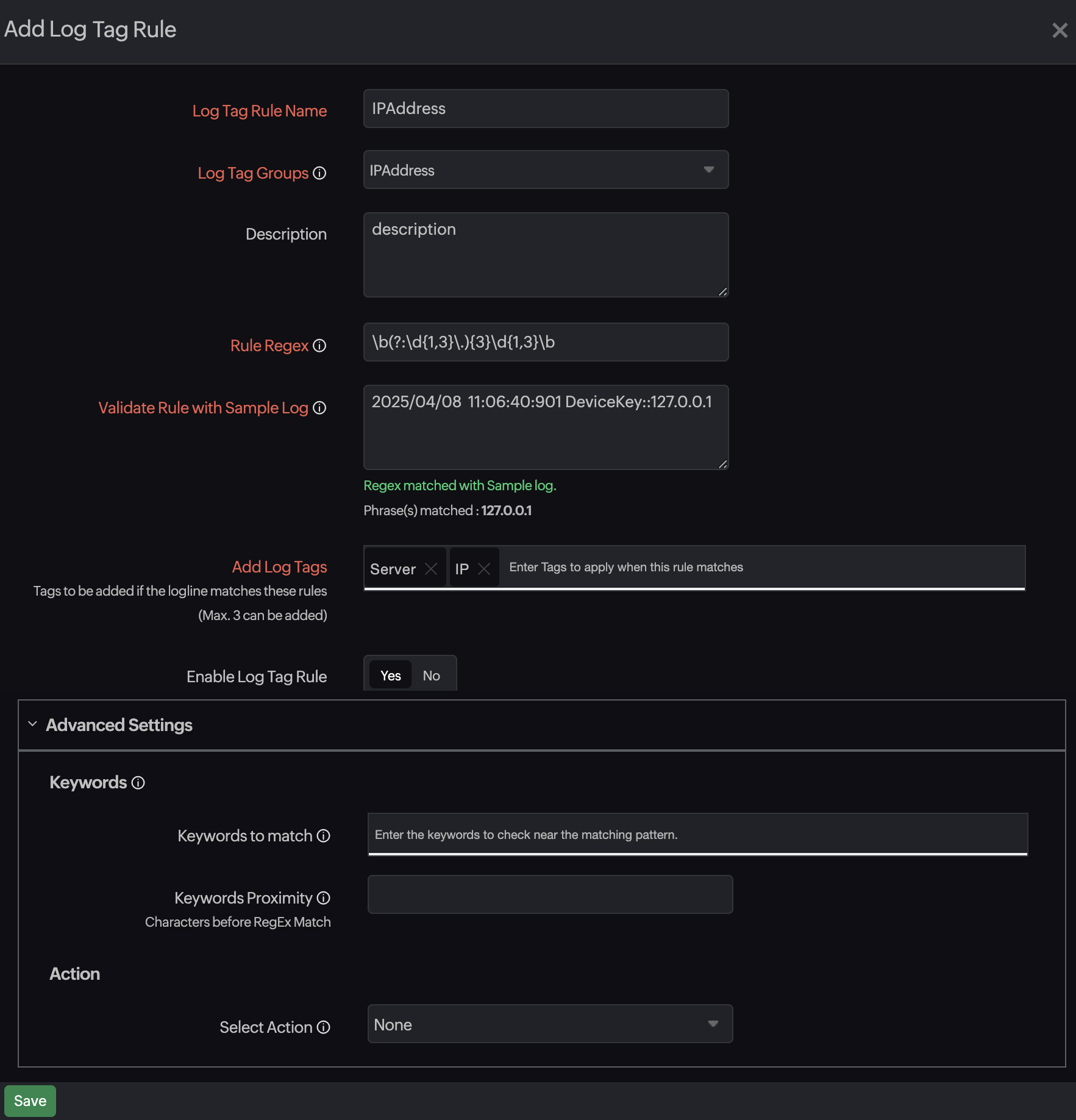 Add Log Tag Rule log tag rule