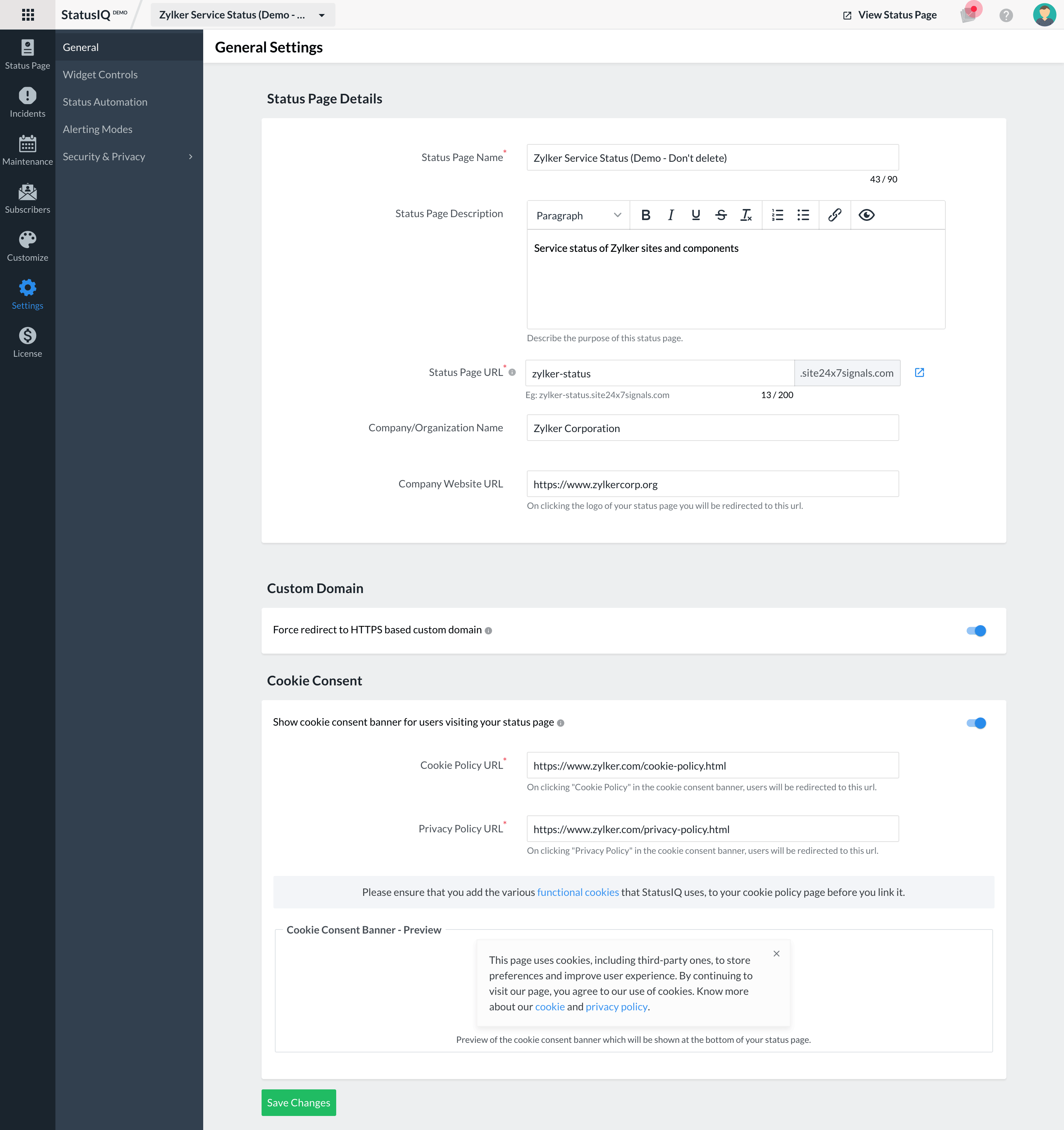 Get to know about status page general settings